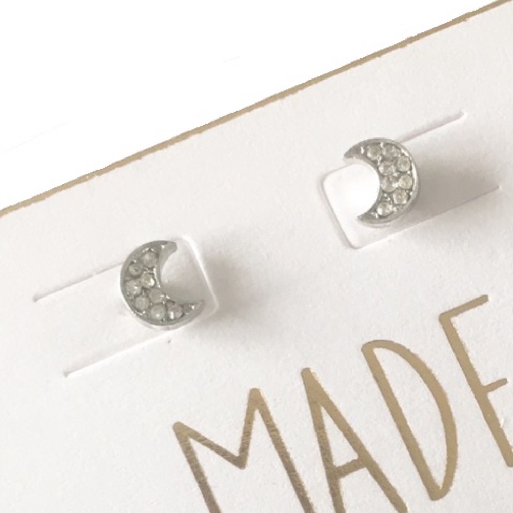 new Loren Olivia ☾ Pave Crystal Crescent Stud Earrings ☾ Silver Plated Post Back - Picture 8 of 11